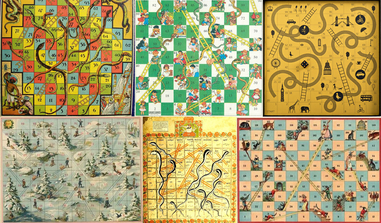 collage of 6 vintage or vintage looking snakes and ladder game boards in colourful subdue shades.