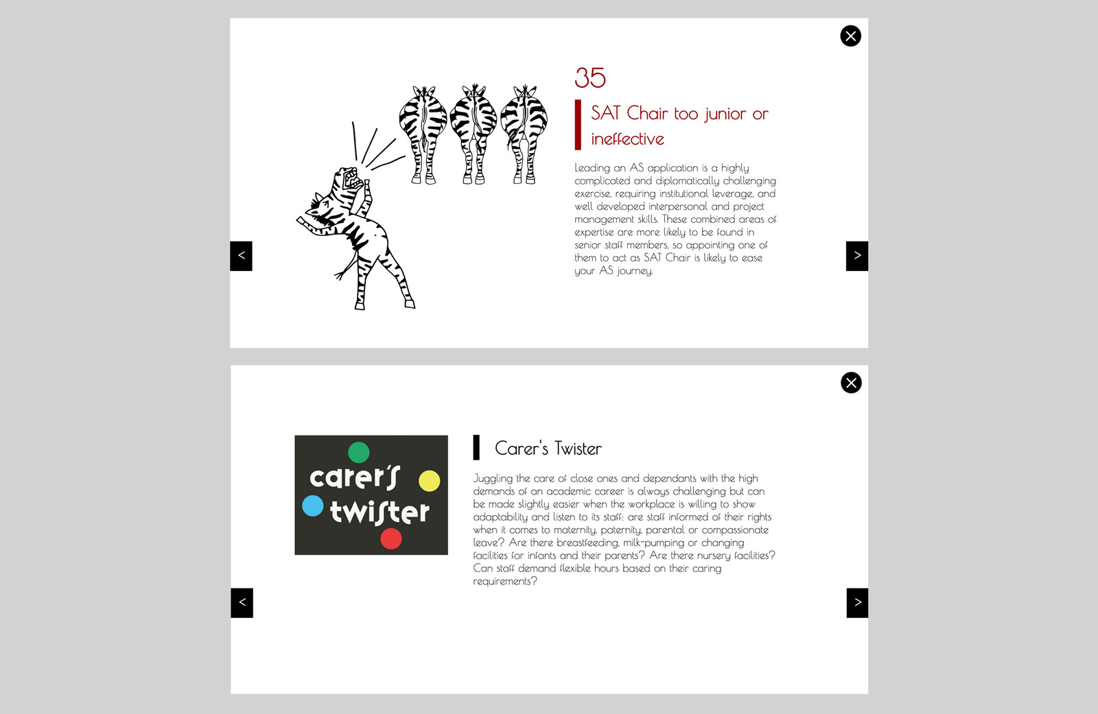 top: illustration of a zebra shouting to the backs of 3 other zebras with accompanying text, bottom: made up graphic of carers twister with accompanying text