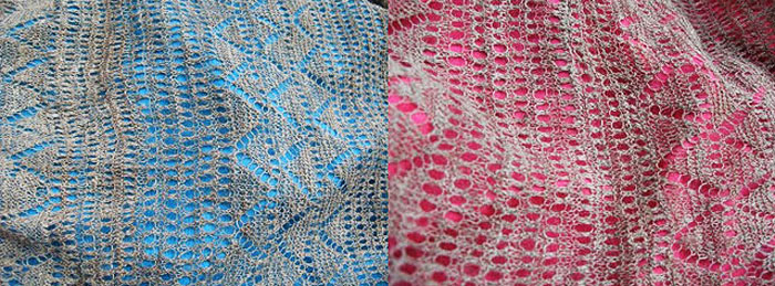 Photograph a knitted lace backed with coloured fabric