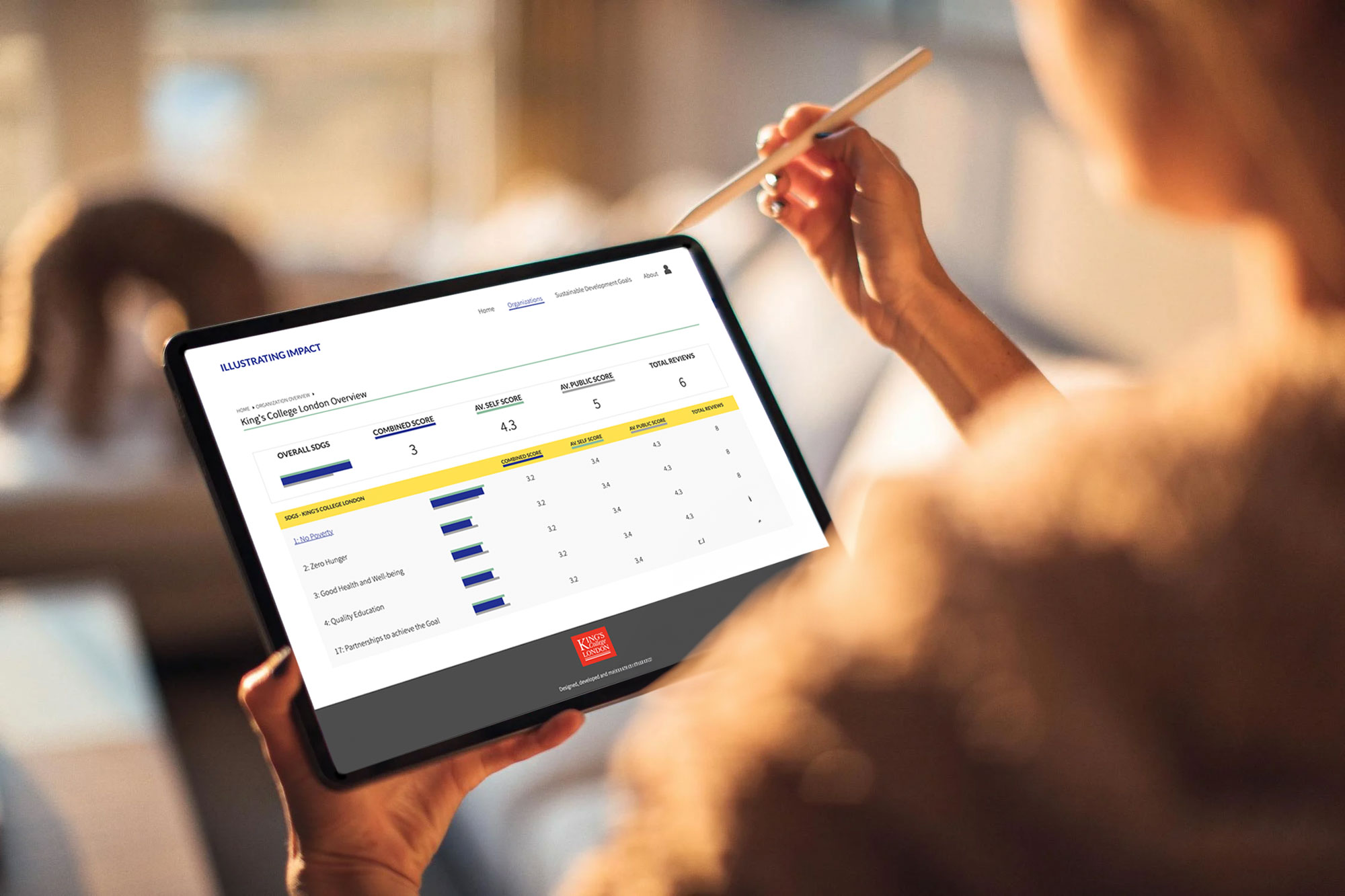 prototype page with horizontal bar charts on a tablet device in use