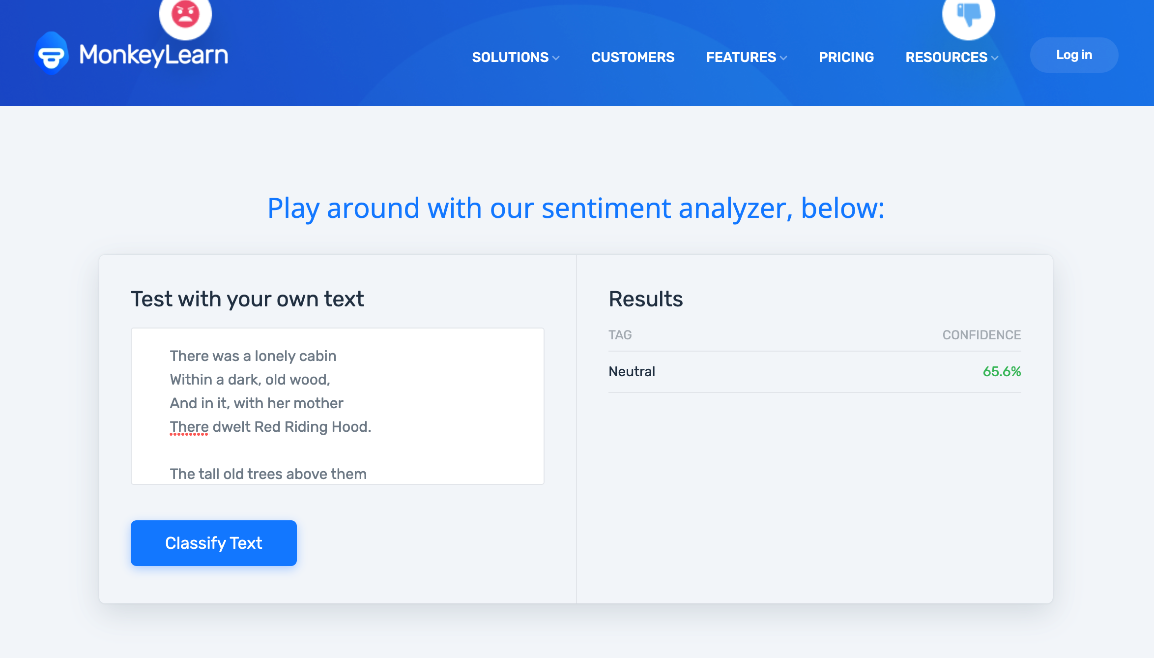 Text box with paragraph of a page within on left with button to submit, results showing sentiment type and its percentage on the right
