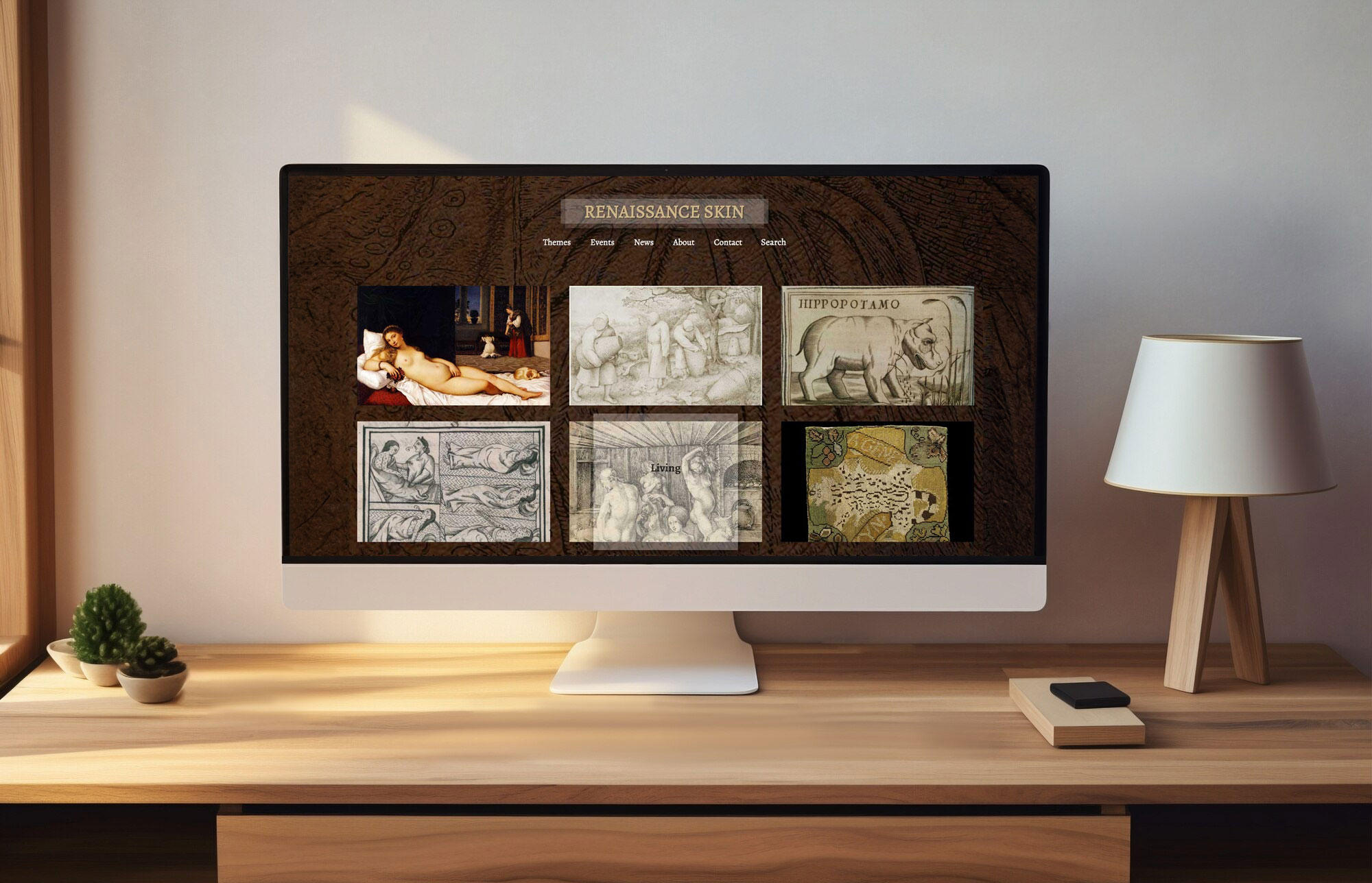 landing page of website displayed on a desktop monitor on a wooden table with lamp and places